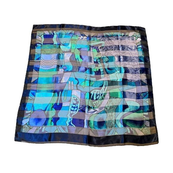 Sheer Striped Picasso Scarf Art Scarf Blue Purple Green 39" Abstract Watercolor - Picture 1 of 5